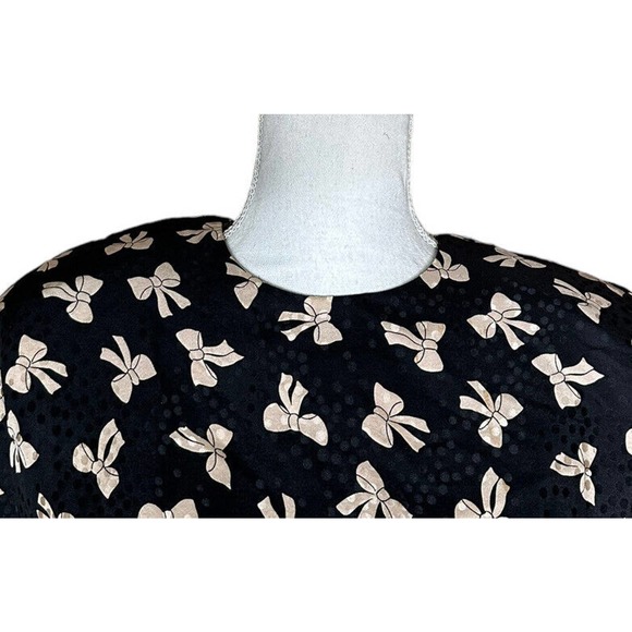 Vintage 80s Megan Barrett 100% Silk Black Bow Print Belted Secretary Dress Sz 12 - Picture 3 of 8